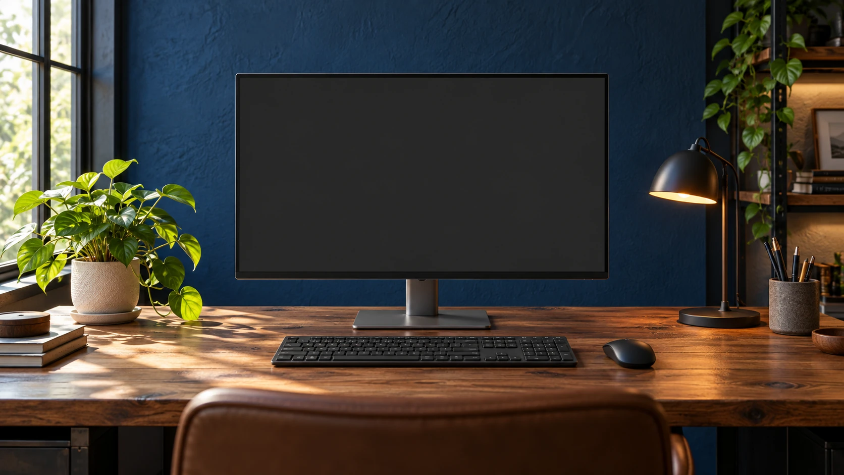 Foto de uma mesa de trabalho com monitor e tela escura
