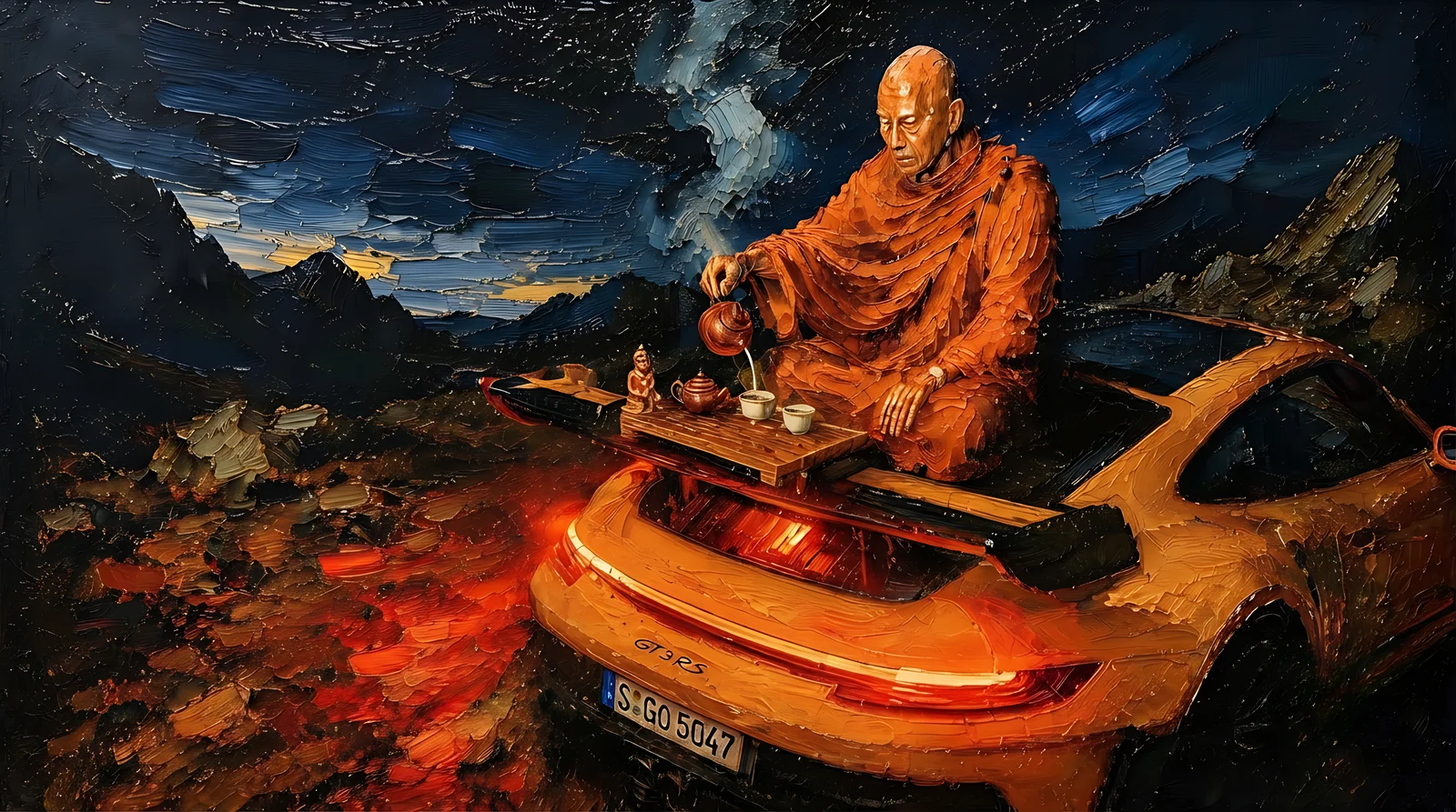 Monge em uma cena de pintura com um carro esportivo e céu noturno